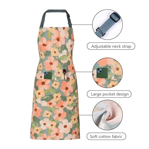 ARBINSON 2 Pack Floral Apron for Women with Pockets, Adjustable Cotton Chef Aprons for Kitchen, Cooking, BBQ & Grill (Golden/Begonia) - Image 3
