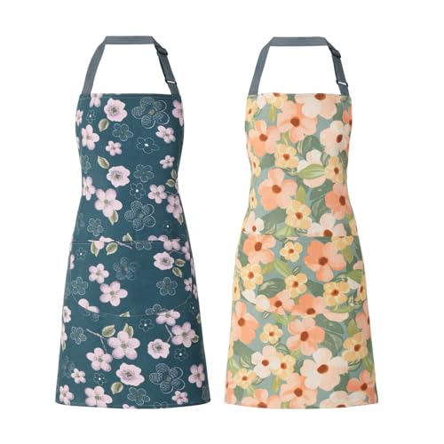 ARBINSON 2 Pack Floral Apron for Women with Pockets, Adjustable Cotton Chef Aprons for Kitchen, Cooking, BBQ & Grill (Golden/Begonia) - Image 1