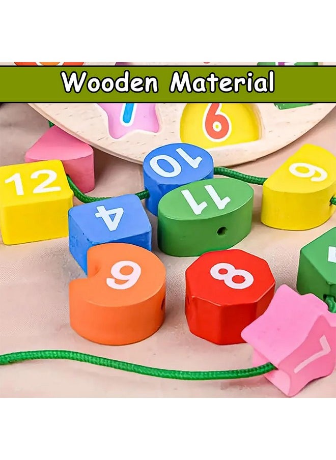 Wishkey - WISHKEY Wooden Learning Clock with Bead Lace, Educational Digital Analog Numbers, Shape & Color Learning Montessori Toy for Kids (Pack of 1, Multicolor) - Image 1