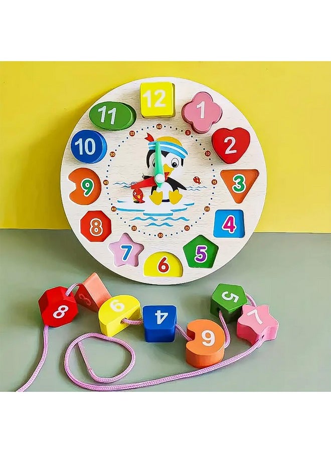 Wishkey - WISHKEY Wooden Learning Clock with Bead Lace, Educational Digital Analog Numbers, Shape & Color Learning Montessori Toy for Kids (Pack of 1, Multicolor) - Image 1