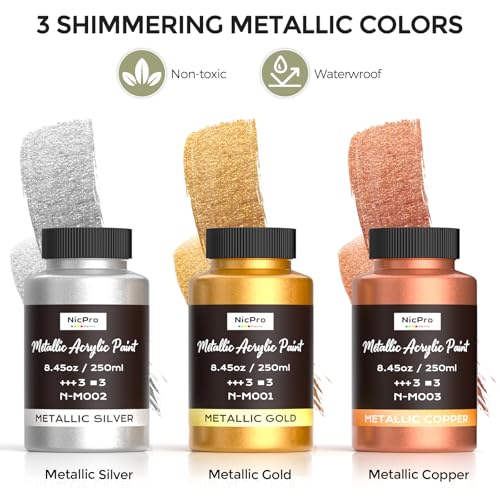 Nicpro Acrylic Paint Metallic, 3 Colors Gold, Silver, Copper 25.35oz/750ml Gold Leaf Paint, Non Toxic, Non Fading for Art Painting, Handcrafts, Ideal for Multi-surface, Canvas, Wood, Clay, Metal - Image 2