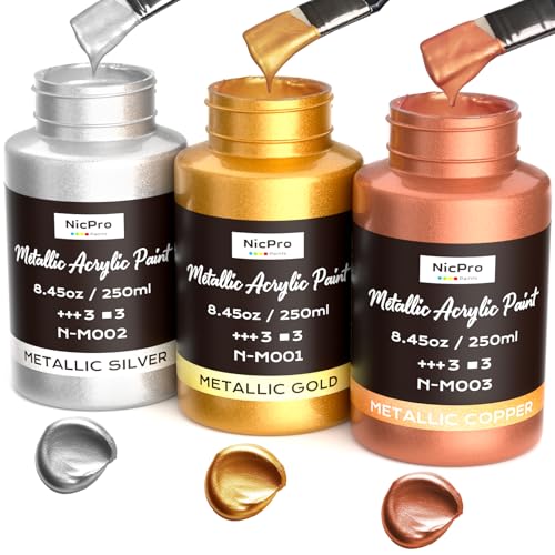 Nicpro Acrylic Paint Metallic, 3 Colors Gold, Silver, Copper 25.35oz/750ml Gold Leaf Paint, Non Toxic, Non Fading for Art Painting, Handcrafts, Ideal for Multi-surface, Canvas, Wood, Clay, Metal - Image 1