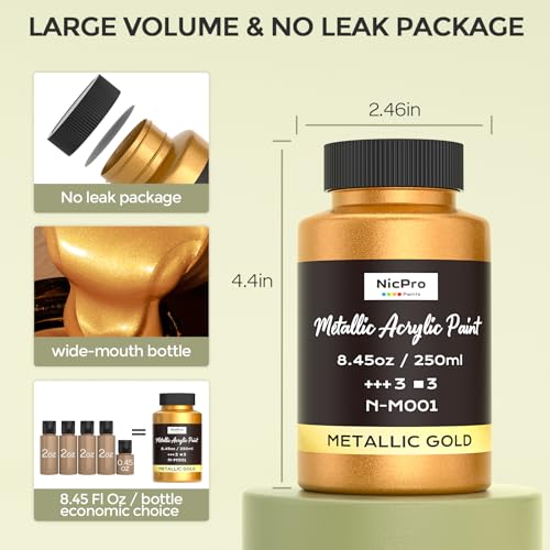 Nicpro Acrylic Paint Metallic, 3 Colors Gold, Silver, Copper 25.35oz/750ml Gold Leaf Paint, Non Toxic, Non Fading for Art Painting, Handcrafts, Ideal for Multi-surface, Canvas, Wood, Clay, Metal - Image 4