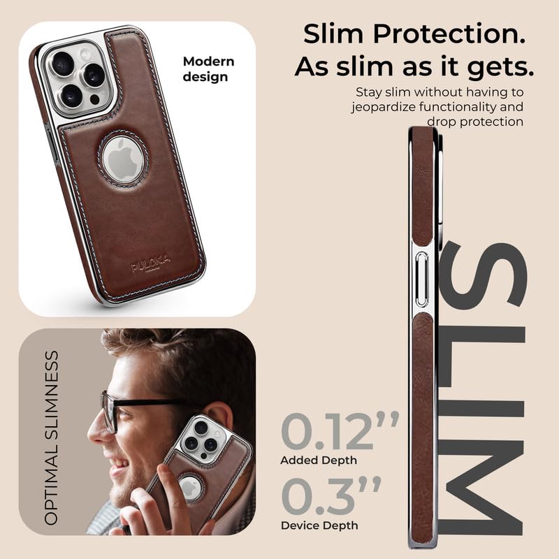 PULOKA Chrome Leather Back Case - Compatible with iPhone 13 Pro - Luxury Bumper Case - Flexible Vegan Leather - Electroplated Sides & Logocut - Full Camera Protetection & Raised Edges - Brown - Image 2