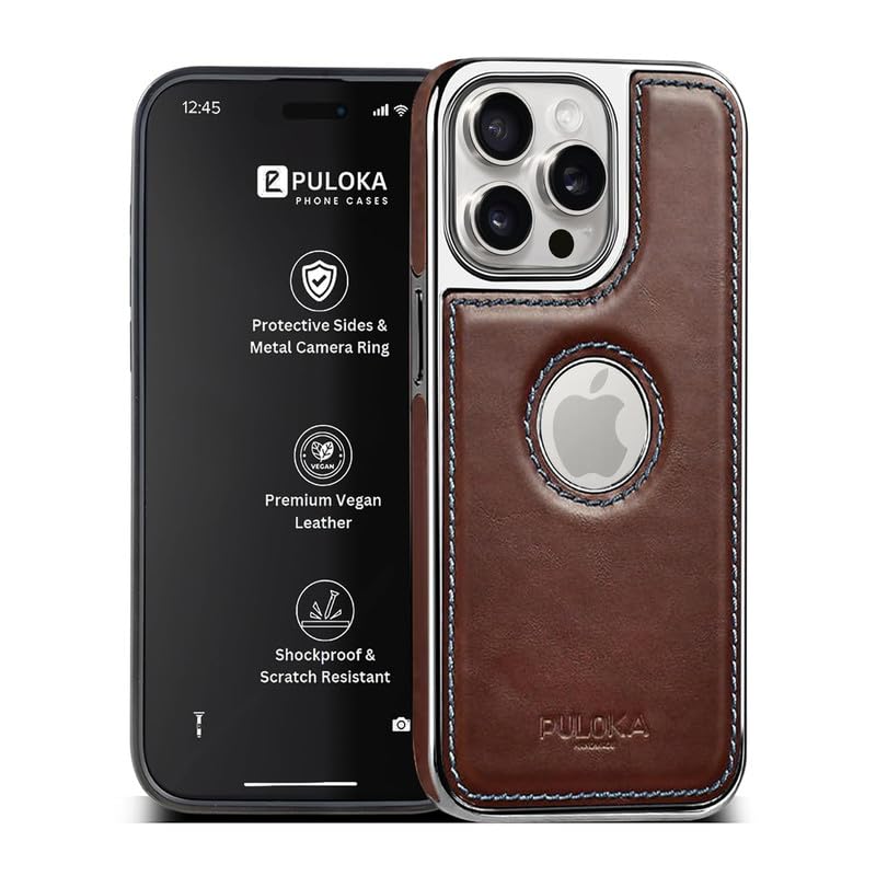 PULOKA Chrome Leather Back Case - Compatible with iPhone 13 Pro - Luxury Bumper Case - Flexible Vegan Leather - Electroplated Sides & Logocut - Full Camera Protetection & Raised Edges - Brown - Image 1