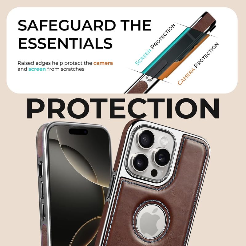 PULOKA Chrome Leather Back Case - Compatible with iPhone 13 Pro - Luxury Bumper Case - Flexible Vegan Leather - Electroplated Sides & Logocut - Full Camera Protetection & Raised Edges - Brown - Image 3