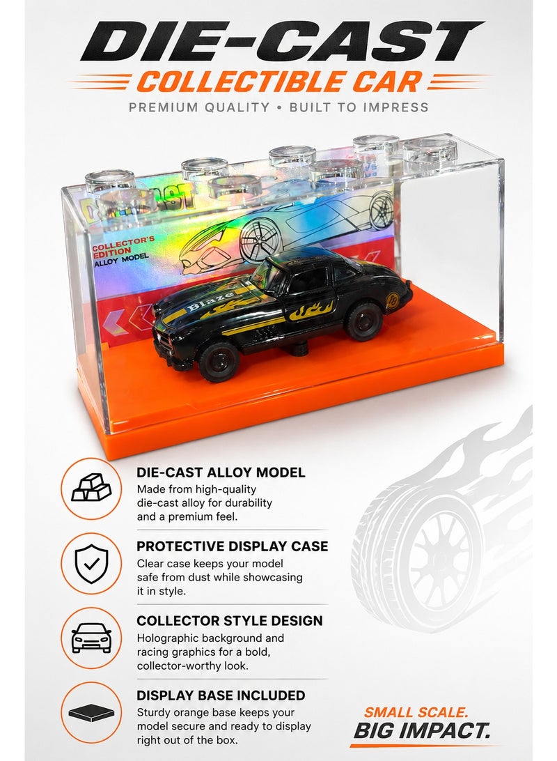 Die-Cast Collector Car Model with Display Case, 1:64 Scale Alloy Toy Car, Black Blaze Racing Car with Flame Graphics, Clear Protective Cover and Orange Display Base - Image 5