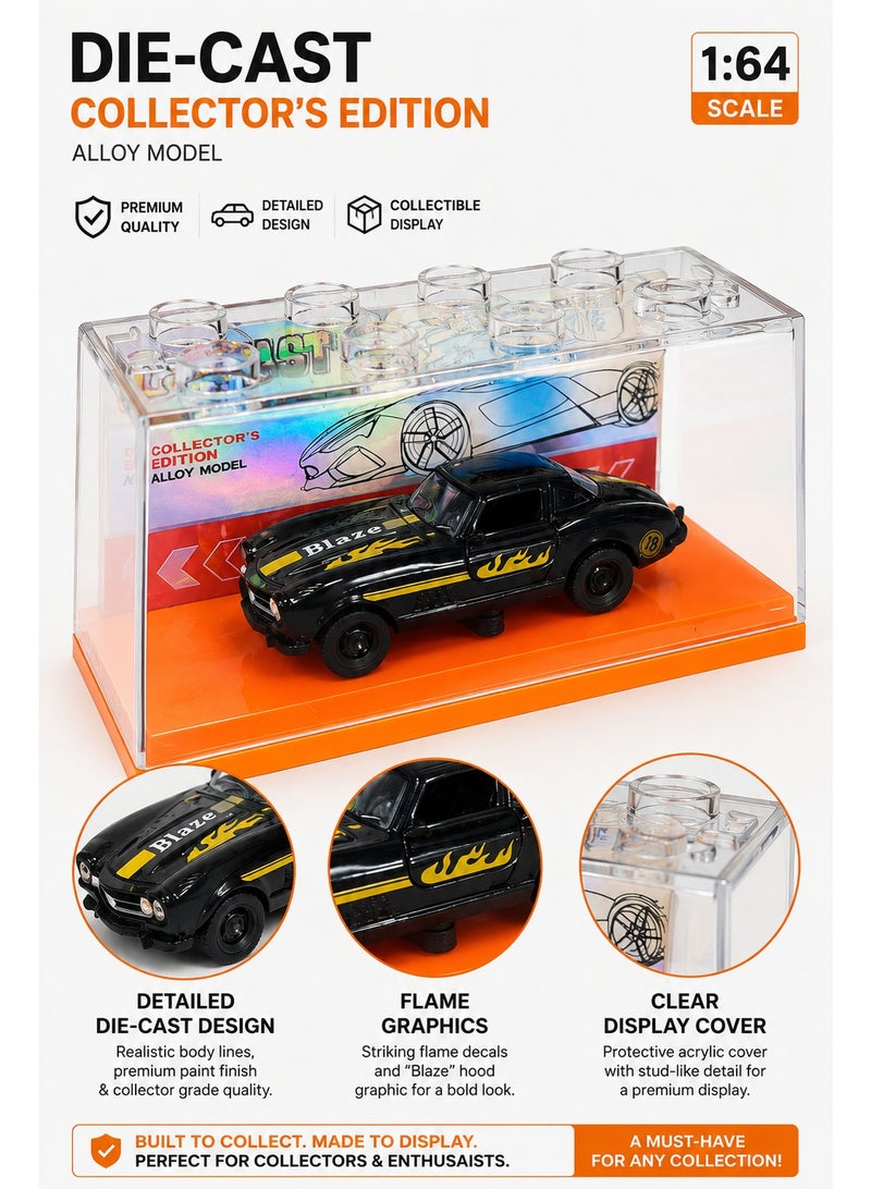 Die-Cast Collector Car Model with Display Case, 1:64 Scale Alloy Toy Car, Black Blaze Racing Car with Flame Graphics, Clear Protective Cover and Orange Display Base - Image 4