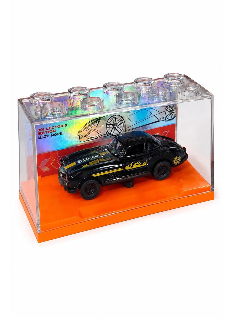 Die-Cast Collector Car Model with Display Case, 1:64 Scale Alloy Toy Car, Black Blaze Racing Car with Flame Graphics, Clear Protective Cover and Orange Display Base - Image 1