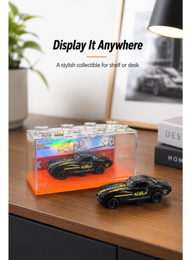 Die-Cast Collector Car Model with Display Case, 1:64 Scale Alloy Toy Car, Black Blaze Racing Car with Flame Graphics, Clear Protective Cover and Orange Display Base - Image 2