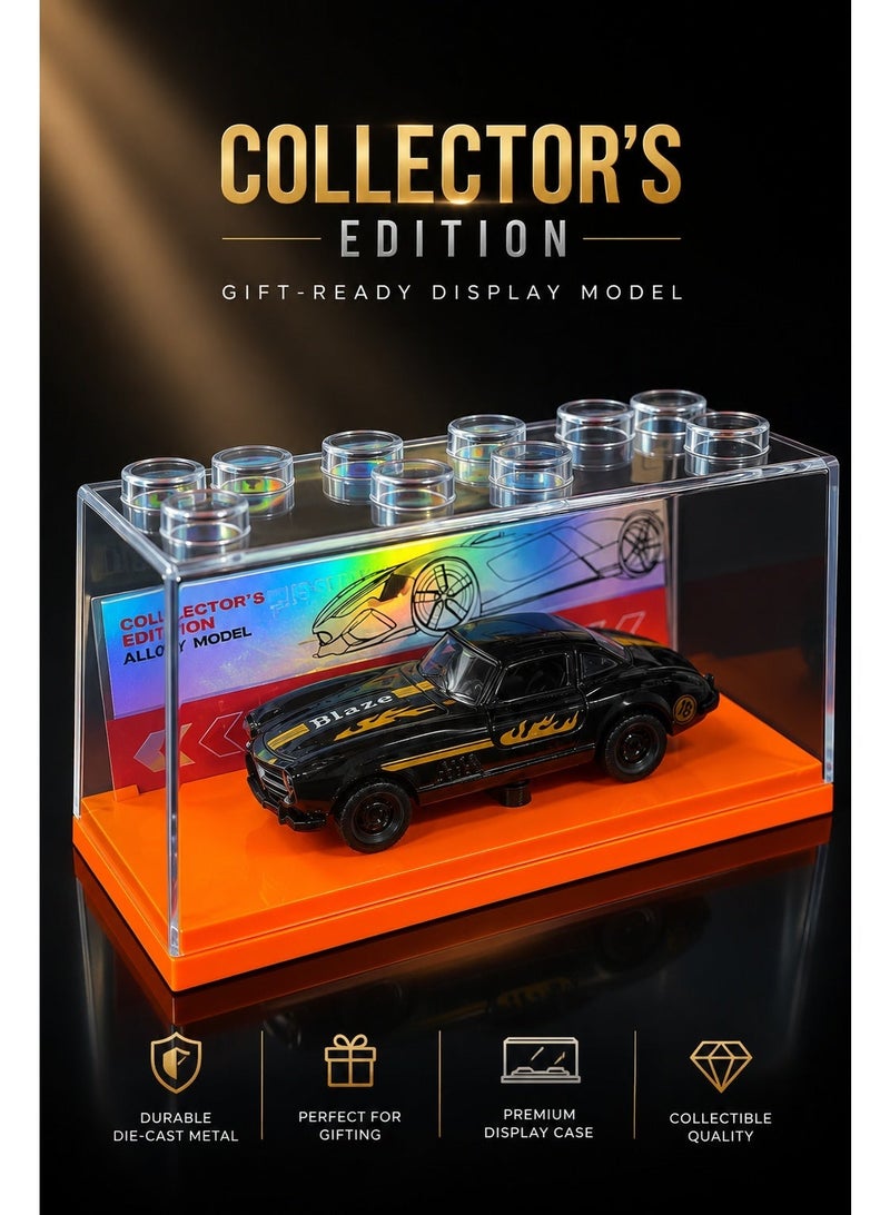 Die-Cast Collector Car Model with Display Case, 1:64 Scale Alloy Toy Car, Black Blaze Racing Car with Flame Graphics, Clear Protective Cover and Orange Display Base - Image 3
