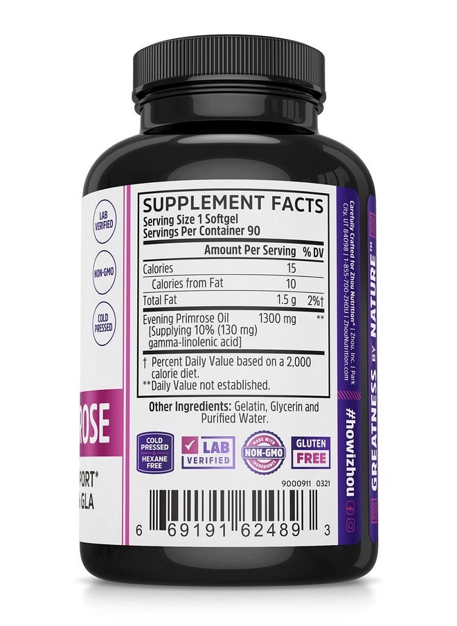 Zhou Nutrition - Evening Primrose Oil Capsules Supports Hormone Balance For Women Pms And Menopause Support Cold Pressed Lab Verified And Hexane Free 1300Mg 10% Gla 90 Servings 3 Month Supply - Image 1