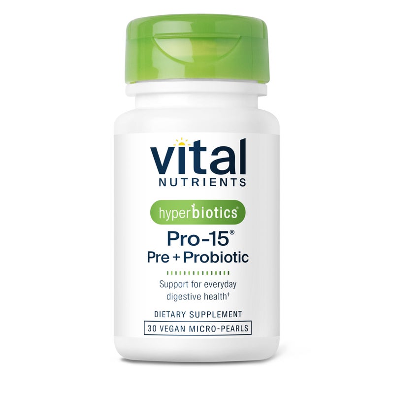 Hyperbiotics Vital Nutrients Pro15 Prebiotics Probiotics for Women and Men 15 Science Backed Strains Supports Occasional Constipation Diarrhea Gas Bloating 30 Vegan Time Release Pearls