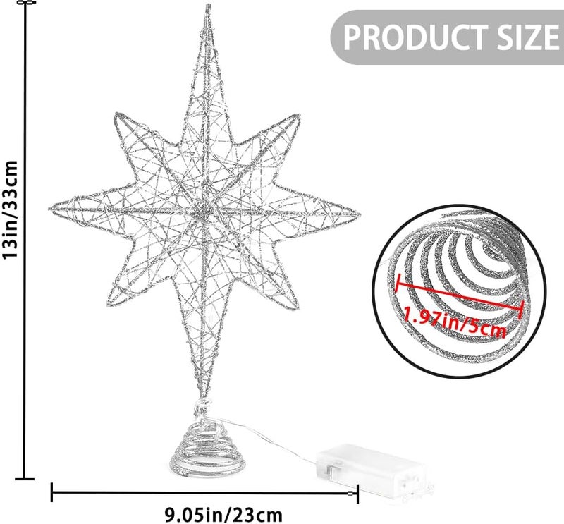 DULEFUN Christmas Tree Topper 13.5” Silvery Star Tree Toppers with 20 LED Lights for Christmas Tree Decorations, Xmas Tree Top Ornament for New Year Holiday Home Office Indoor - Image 3