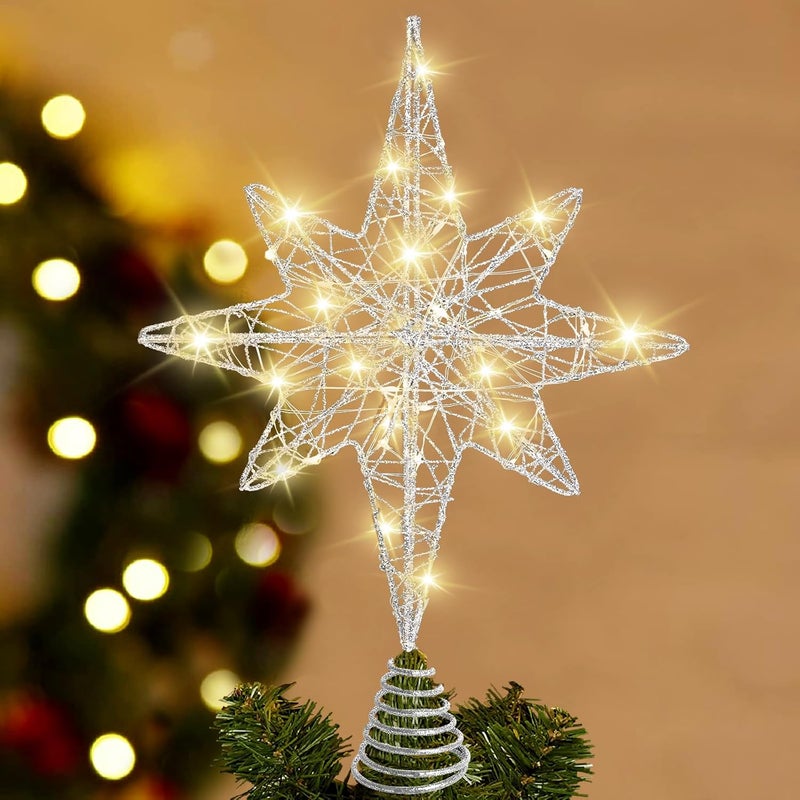 DULEFUN Christmas Tree Topper 13.5” Silvery Star Tree Toppers with 20 LED Lights for Christmas Tree Decorations, Xmas Tree Top Ornament for New Year Holiday Home Office Indoor - Image 1
