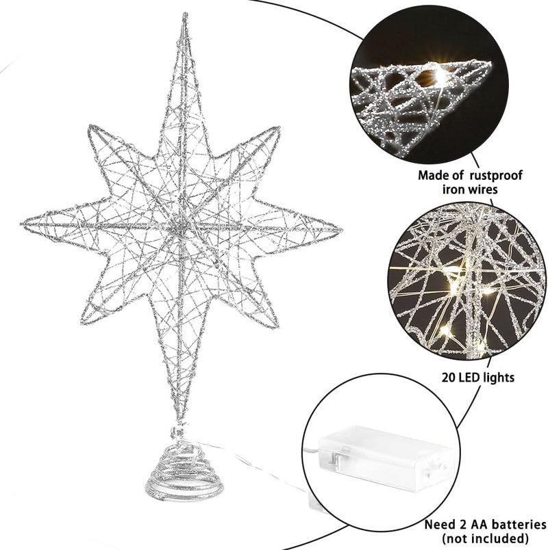 DULEFUN Christmas Tree Topper 13.5” Silvery Star Tree Toppers with 20 LED Lights for Christmas Tree Decorations, Xmas Tree Top Ornament for New Year Holiday Home Office Indoor - Image 5