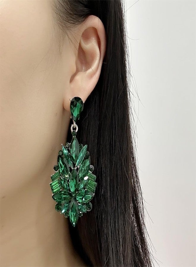 Dtja Big Rhinestone Dangle Drop Earrings for Women Shiny Long Crystal Cluster Chandelier Teardrop Statement Earring Elegant Dress Accessories Retro Art Deco Wedding Cocktail Christmas Party Jewelry (Green) - Image 2