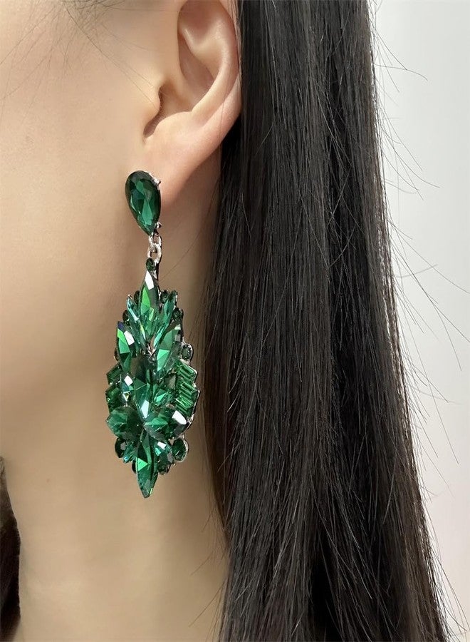 Dtja Big Rhinestone Dangle Drop Earrings for Women Shiny Long Crystal Cluster Chandelier Teardrop Statement Earring Elegant Dress Accessories Retro Art Deco Wedding Cocktail Christmas Party Jewelry (Green) - Image 3