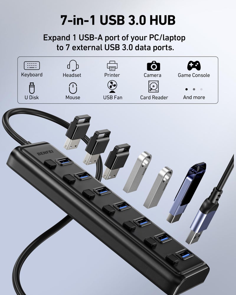 BENFEI USB 3.0 Hub 7-Port, Ultra-Slim Portable USB Splitter with 3.3ft Cable - Compatible with MacBook Pro/Air,Mac Pro, Mac Mini, iMac, Surface Pro, XPS, PC, Flash Drive, Mobile HDD (No Charging Port) - Image 3