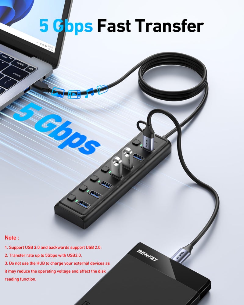 BENFEI USB 3.0 Hub 7-Port, Ultra-Slim Portable USB Splitter with 3.3ft Cable - Compatible with MacBook Pro/Air,Mac Pro, Mac Mini, iMac, Surface Pro, XPS, PC, Flash Drive, Mobile HDD (No Charging Port) - Image 2