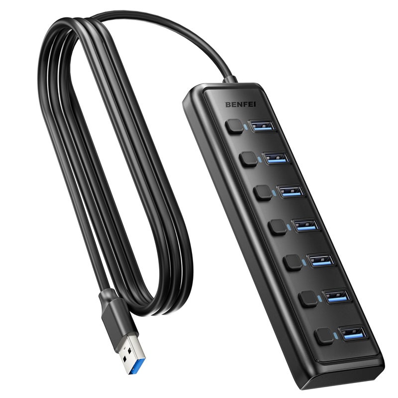 BENFEI USB 3.0 Hub 7-Port, Ultra-Slim Portable USB Splitter with 3.3ft Cable - Compatible with MacBook Pro/Air,Mac Pro, Mac Mini, iMac, Surface Pro, XPS, PC, Flash Drive, Mobile HDD (No Charging Port) - Image 1