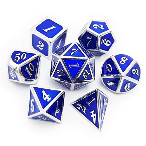 Haxtec Metal Dice Set DD Silver Navy Blue Metal Polyhedral DND Dice for Dungeons and DragonsGlossy Enamel Dice Silver Navy Blue - Image 1