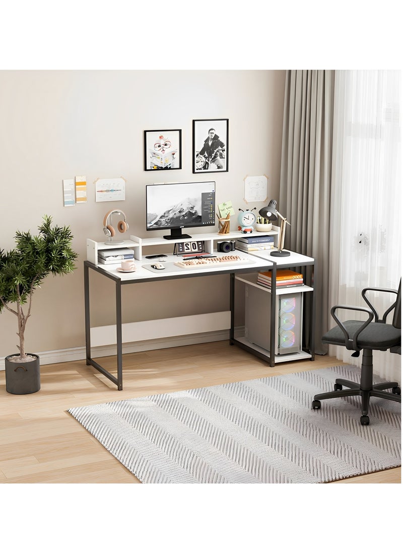 Lafulaifu - Computer Desk - 54" Gaming Desk, Home Office Desk  with Dual Storage Shelves and Triple Monitor Stand  , Storage Space-Savor, Modern Table, White - Image 1