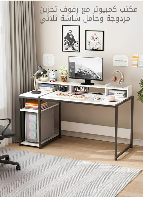 Computer Desk - 54" Gaming Desk, Home Office Desk  with Dual Storage Shelves and Triple Monitor Stand  , Storage Space-Savor, Modern Table, White