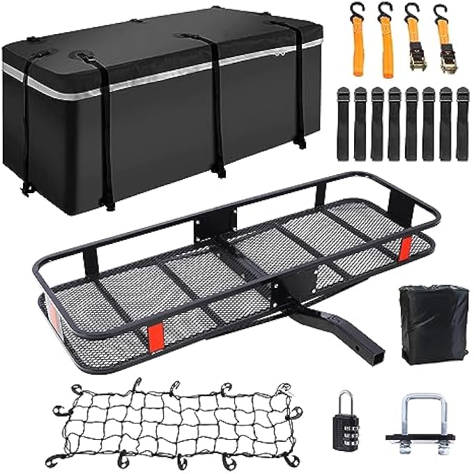 rayihni حامل أمتعة مقطورة ثقيل قابل للطي سلة أمتعة خلفية بسعة 500 رطل 2" موصل حامل أمتعة حقيبة أمتعة، مثبت مقطورة شبكة أمتعة وأحزمة ربط 16 قدم مكعب - Image 2