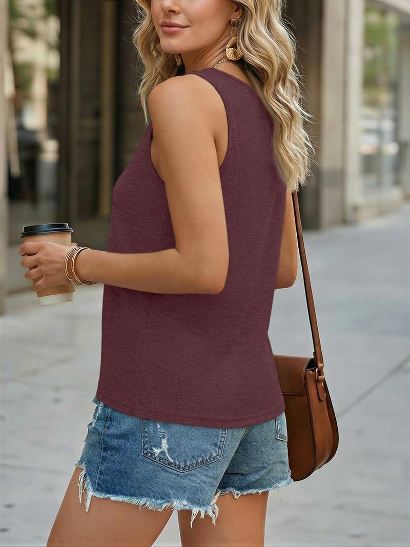 AUTOMET Womens Tank Tops 2026 Button Spring Summer Sleeveless Tee Henley Shirt Square Neck Basic Outfits Clothes Wine L - Image 4