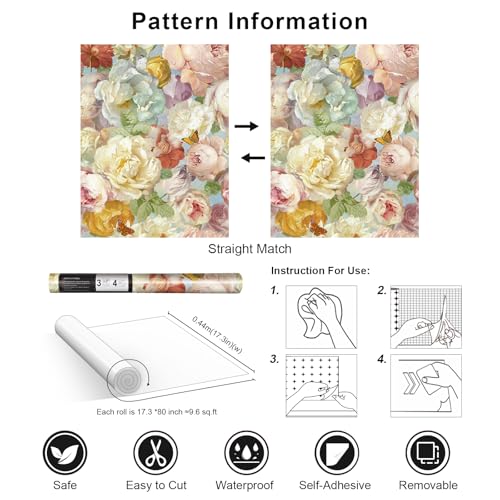 Simon&Siff Floral Wallpaper Peel and Stick Blooming Flowers Contact Paper Vintage Floral Wall Paper Self Adhesive Removable Wallpaper for Walls Bedroom Cabinet Table 17.3in x 6.6ft - Image 2