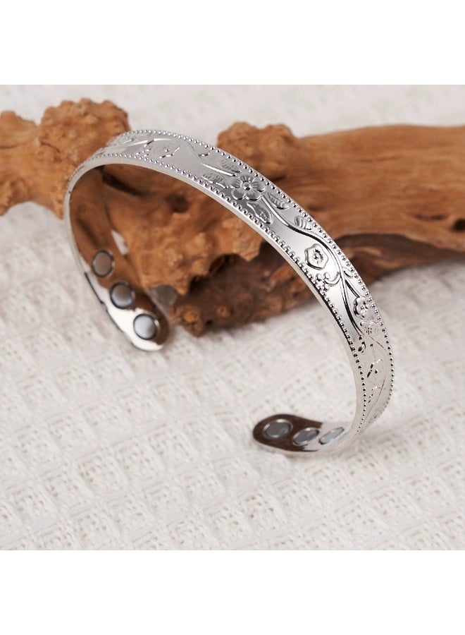 Vintage Silver Plated Magnetic Cuff Bangle, Engraved Flower Pattern Adjustable Open Bangle Bracelet, Health Care Magnetic Therapy Jewelry for Women