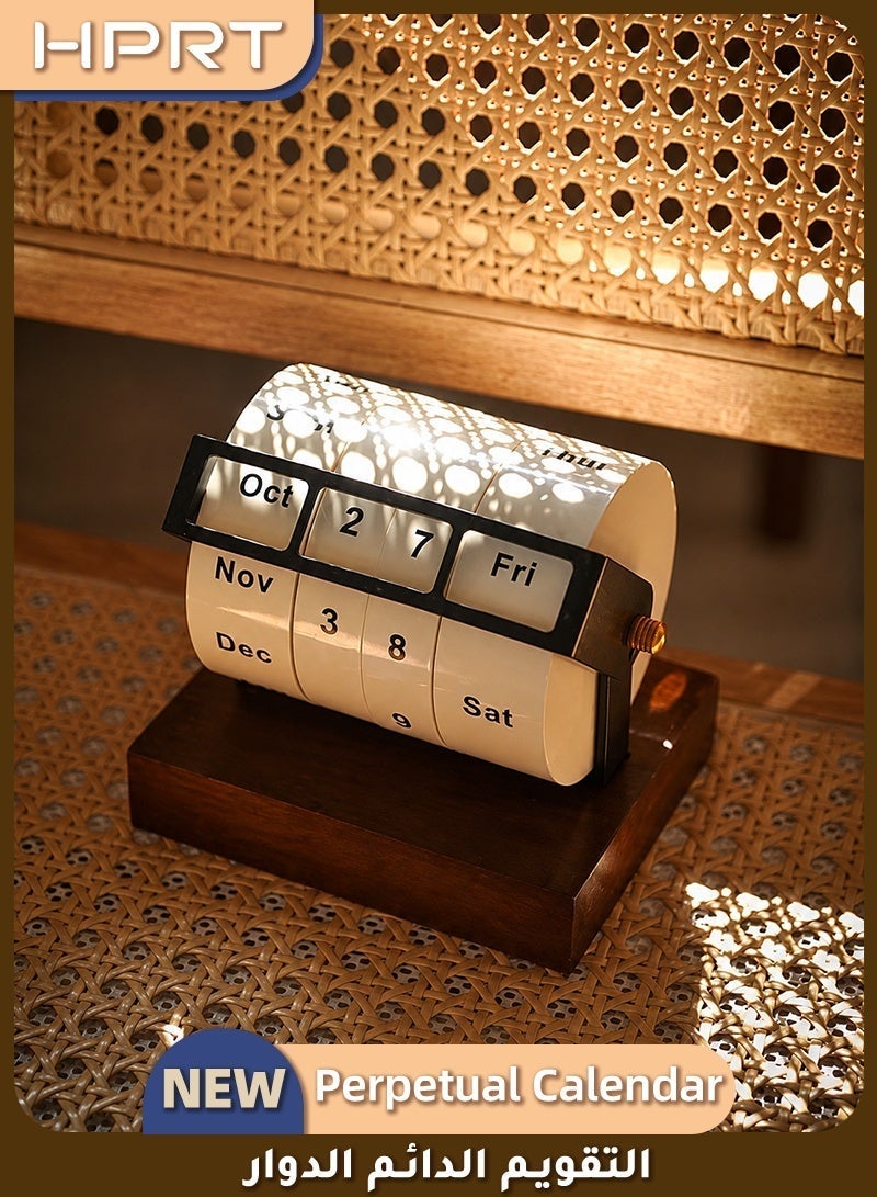 HPRT Rotary Perpetual Calendar, Desk Calendar With Aluminum Alloy Frame And Solid Wood Base, Manual Rotating Calendar For Home Office Decor (12.5 x 12 x 9.5 cm) - Image 1