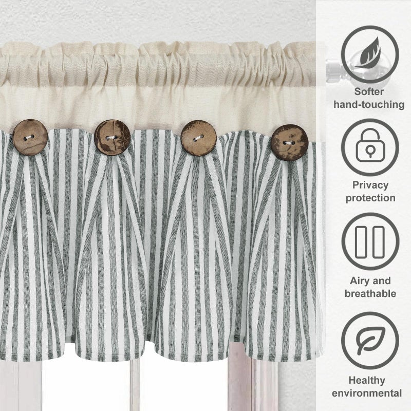 BLEUM CADE Cotton Linen Farmhouse Kitchen Valance Curtains Boho Rustic Button Valances Natural/Sage Green Stripe Color Block Window Valances Rod Pocket Small Window Curtain for Cafe Bathroom Bedroom Drapes - Image 5