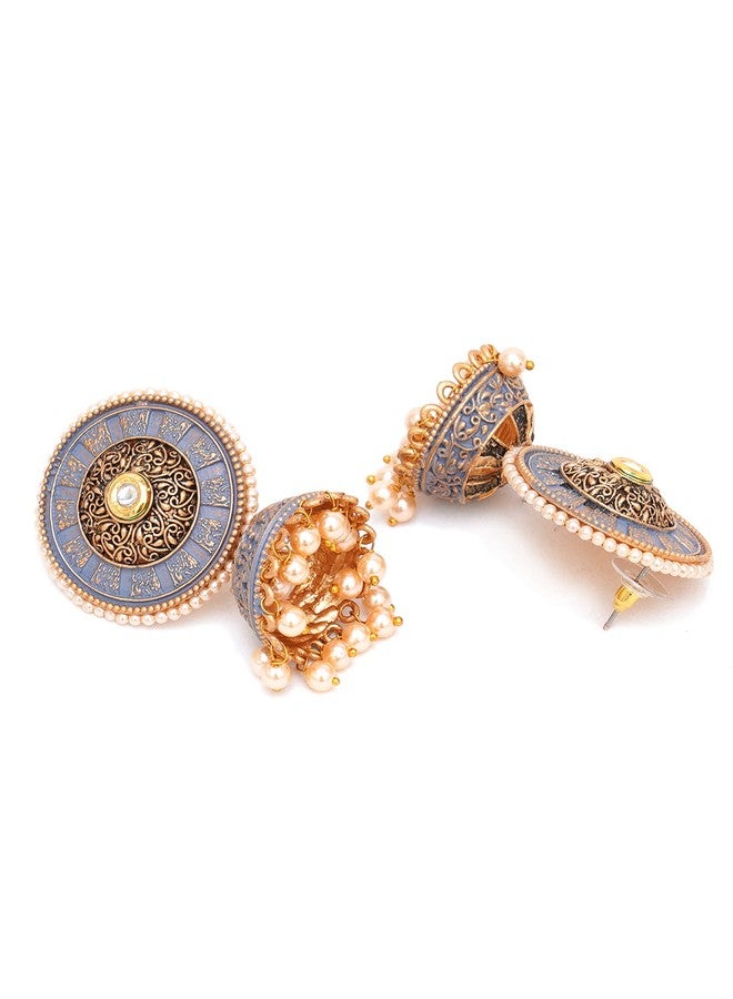 Karatcart Gold Plated Antique Floral Design Grey Jhumki Earrings for Women - Image 5