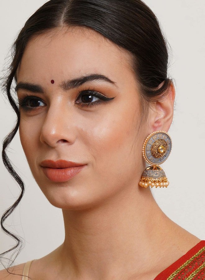 Karatcart Gold Plated Antique Floral Design Grey Jhumki Earrings for Women - Image 2
