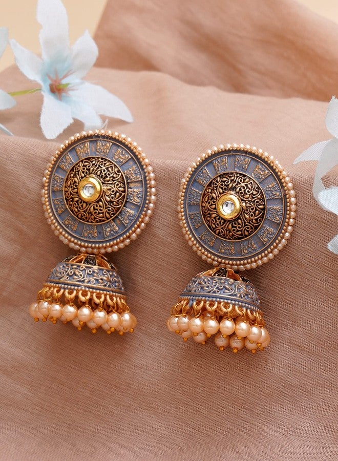 Karatcart Gold Plated Antique Floral Design Grey Jhumki Earrings for Women - Image 3