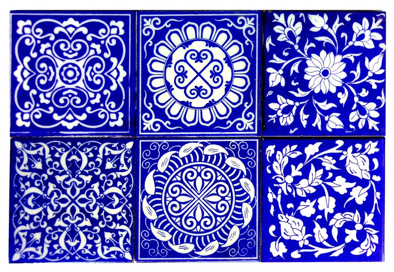 Shiv Kripa Blue Pottery Home Decor Tile Ceramic High Lighter Wall Tiles 4 x 4 Inch Set of 6 Tiles (Blue & White) - Image 1