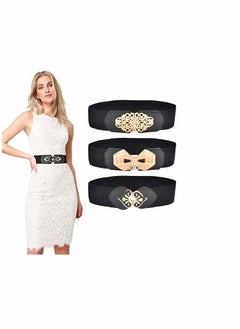 Y&D Women Stretchy Vintage Belt, 3PCS Women's Leather Belt For Jeans, Dresses, Pants Wide Elastic Waist for Women, Evening Dress Shape Curve, Beautiful Elegant (Black and Gold)  - Image 1