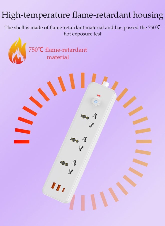 DUNISO Power Strip，6-in-1 Power Socket Extension Plug，Universal 3-Outlet Surge Protector Power Strip with 2 USB and 1 PD Charging Port，for Home，Office，Outdoor,White - Image 4