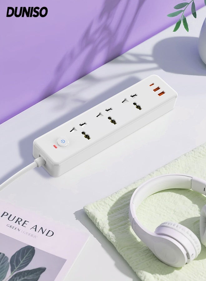 DUNISO Power Strip，6-in-1 Power Socket Extension Plug，Universal 3-Outlet Surge Protector Power Strip with 2 USB and 1 PD Charging Port，for Home，Office，Outdoor,White - Image 1