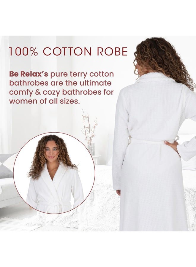 BE RELAX Bathrobe for Women - Full Length Terry Cotton Robe with Shawl Collar and Hood, Warm and Cozy Robe with Belt & Pocket, Waffle-white-robe, XS - Image 2