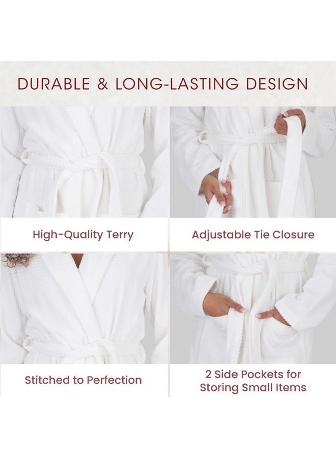 BE RELAX Bathrobe for Women - Full Length Terry Cotton Robe with Shawl Collar and Hood, Warm and Cozy Robe with Belt & Pocket, Waffle-white-robe, XS - Image 3