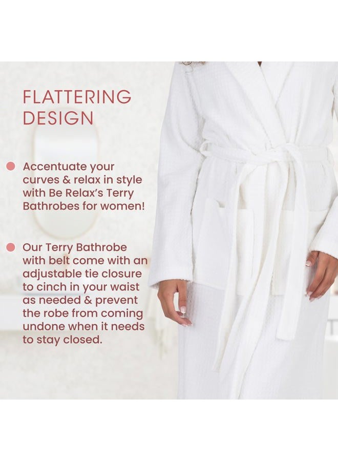 BE RELAX Bathrobe for Women - Full Length Terry Cotton Robe with Shawl Collar and Hood, Warm and Cozy Robe with Belt & Pocket, Waffle-white-robe, XS - Image 4