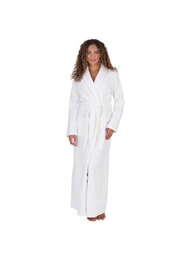 BE RELAX Bathrobe for Women - Full Length Terry Cotton Robe with Shawl Collar and Hood, Warm and Cozy Robe with Belt & Pocket, Waffle-white-robe, XS - Image 1