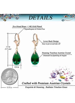 EVEVIC Austrian Crystal Teardrop Leverback Dangle Earrings for Women Fashion 14K Gold Plated Hypoallergenic Jewelry (Emerald)  - Image 4
