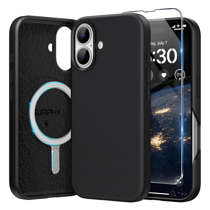 SURPHY Designed for iPhone 16 Leather Case with Screen Protector Compatible with MagSafe Faux Leather Phone Case Metallic Buttons Microfiber Lining for 16 61 inch 2024 Black - Image 2