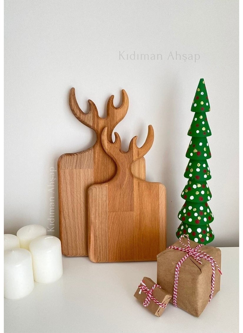 Atölyesi Ahşap Workshop Wooden Deer Figured Cutting Board Set Wooden Deer Antler Presentation Board Presentation Stand 2 Pieces  - Image 1