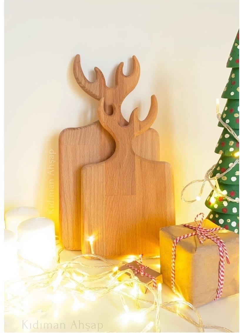 Atölyesi Ahşap Workshop Wooden Deer Figured Cutting Board Set Wooden Deer Antler Presentation Board Presentation Stand 2 Pieces  - Image 3