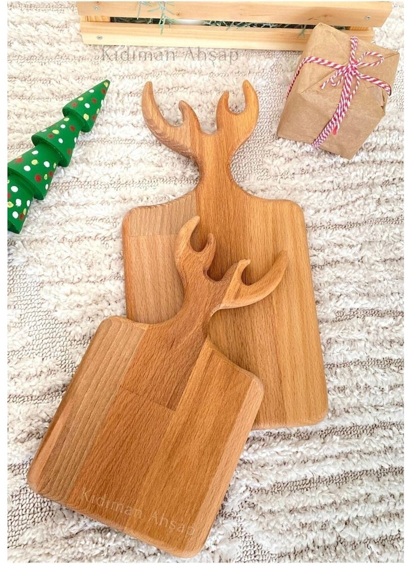 Atölyesi Ahşap Workshop Wooden Deer Figured Cutting Board Set Wooden Deer Antler Presentation Board Presentation Stand 2 Pieces  - Image 2